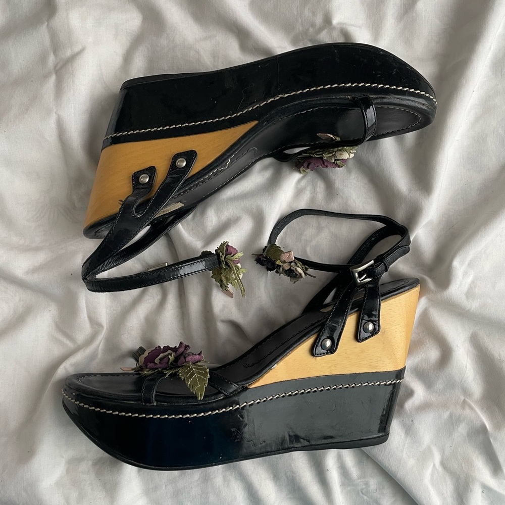 Vintage Black Prada wedges with purple flowers